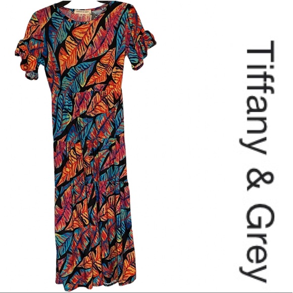 Brand New! Tiffany & Grey Multi-Colored Leaves Print Short Sleeve Dress Sz Small - Picture 2 of 9